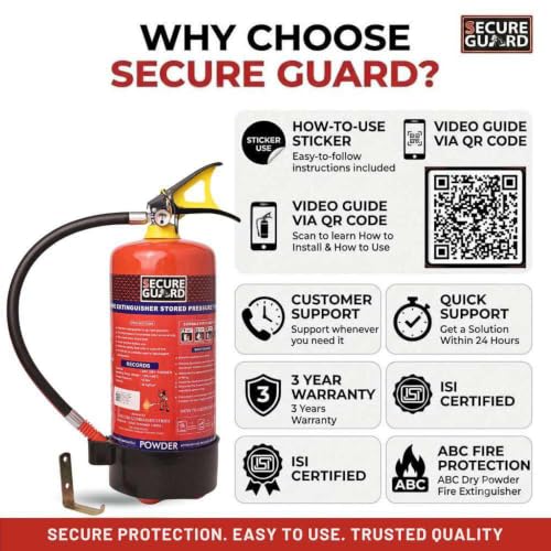 Image of Secure Guard ABC Powder Type 4 Kg Fire Extinguisher Red Fire Extinguisher ISI Mark with Wall Mount Hook and How to use Instruction Manual for Home, Kitchen, Office, School and Industrial Use