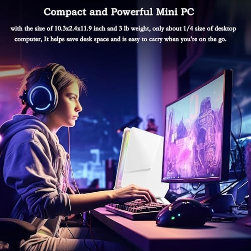 Image of Mini PC, Intel Core i7-8750H(8C /16T up to 4.1GHz), GeForce GTX 1050 3G Discrete Graphics Mini Computer with RGB Lights, 16GB DDR4 RAM, 512 NVMe SSD, 2X HDMI + Type- C, WiFi6 BT5.2, Win 11 Pro, White