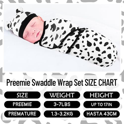 Image of Buryeah 4 Pack Preemie Swaddle Blanket Wrap Set with Hat for Baby Boys Girls 3-7 Lbs Preemie Newborn Clothes Sleepers Cap (Black and White,Leopard)