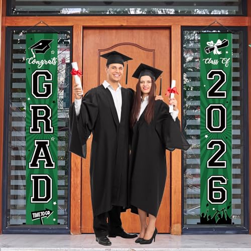 Image of Graduation Banner 2026 Graduation Decorations Green and Black Grad Banner Porch Sign Class of 2026 Door Decor Congrats Hanging Backdrop Green Grad Party Decor for School Congratulations Supplies