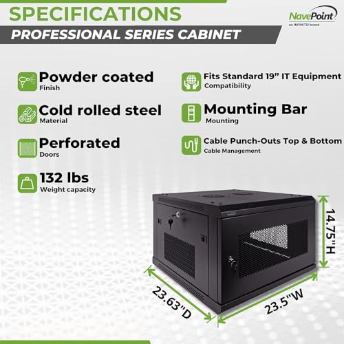 Image of NavePoint 6U Server Rack - 17.7' Deep, Wall Mount Network Cabinet with Locking Perforated Door, 19' IT Equipment Compatible, 2 Fans, Removable Side Panels, Black