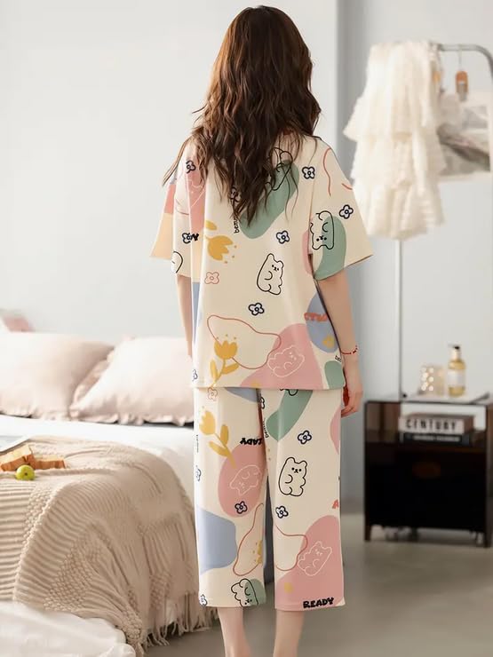 Image of Lunza Women's Cotton Pajama Set with Top & Pants|| Korean Night Suit|| Lightweight Printed Set || Soft & Comfy Sleepwear for Girls & Women