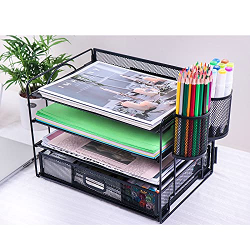 DALTACK 4-Trays Desktop File Organizer with Pen Holder | Letter Tray Paper Tray with Drawer and 2 Pen Holder | Black Mesh Office Supplies Desk Organizer for Office Home