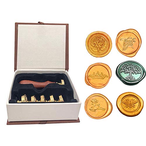 Juego de sellos de cera vintage retro con caja de regalo, 1 empuñadura de madera + 6 sellos intercambiables de cabeza de latón extraíble