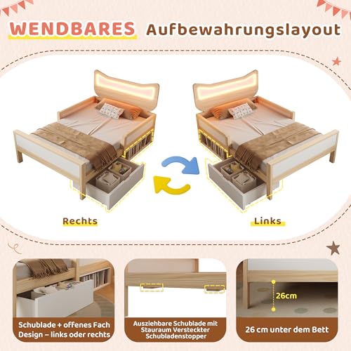 Cama infantil con rejilla protectora de roble y cajones para ordenar dormitorios 7