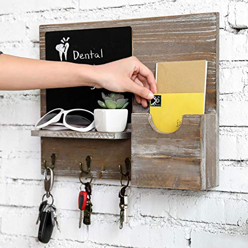 Mygift HOM1696BRN-V2 Rustic Brown Wood Wall Mounted Mail Holder And Key Organizer Rack With 3 Hooks, Small Chalkboard Memo Board And Display Ledge thumb #2