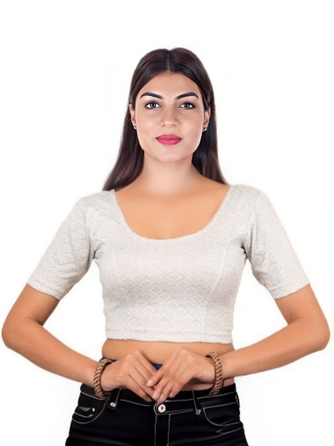 Women's Bollywood Style Zari Work Readymade Blouse - Silver and Golden, Stretchable Elbow Sleeves, Round Neck-picture-10
