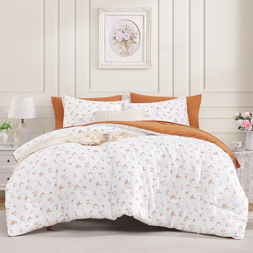 Image of Andency Floral Full Comforter Set, 7 Pieces Cute Orange Bedding Sets, Coquette Cottagecore Flower Dorm Bedding, Soft Lightweight Comforter with Sheets, Pillowcases & Shams for Teen Girls
