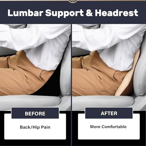 Image of Coverado Lumbar Support and Headrest Pillow for Car, Memory Foam Ergonomic Head Neck Support Pillow for Driving Seat, Back Support and Pain Relief, Seat Cushion for Car, Driver, Office
