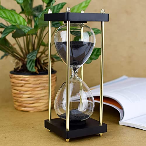 Image of 10 Inch Sand Timer with Wooden Base & Black Sand | Handmade Nautical Hourglass 30 Minute Approx | Decorative Sand Clock for Dining Room, Study, Kitchen, Yoga, Office & Gift Use