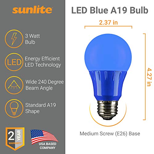 Sunlite 80145 A19 Colored Light Bulb 3 Watts (25W Equivalent), E26 Medium Base, Non-Dimmable, Ul Listed, Party Decoration, Holiday Lighting, 1 Count, Blue #TOP2