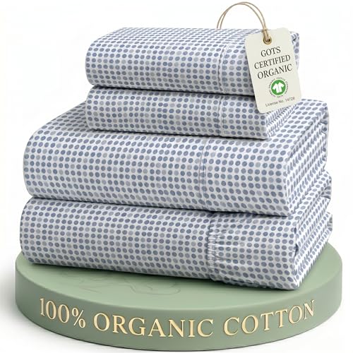 Image of LANE LINEN Eco Friendly 100% Organic Cotton Queen Bed Sheets Set, Printed Modern Polka Dot Cotton Sheets, Soft & Comfy Low Pill Fade Resistance Fully Elasticized Queen Size Bed Set 15 inch deep Pockets