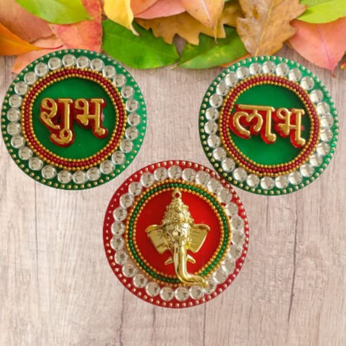 Image of P.A.Decorative Shubh-Labh-Ganesha Main Entrance Hanging Acrylic Stickers for Main Door /Wall Decoration[3piece],Golden