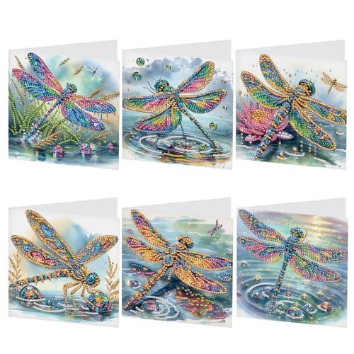 Image of 6 Pcs 5D Diamond Painting Greeting Cards Kits Dragonfly, Handmade Festival Greeting Cards with Envelopes DIY Diamond Art Crafts Birthday Cards Shimmer Design for Birthdays Holidays (30x15cm)