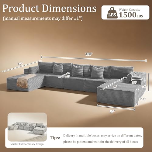 Image of 168 inch Oversized Cloud Boneless Couch, Comfort U Shaped Sofa for Living Room, Extra Deep Seats No Assembly, Minimalist Modular Couch, Corduroy (Light Grey, 7 Seats,U-Shape C)