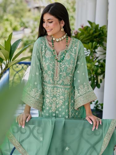 Image of INDO ERA Women's Organza Kurta and Pant with Dupatta Set