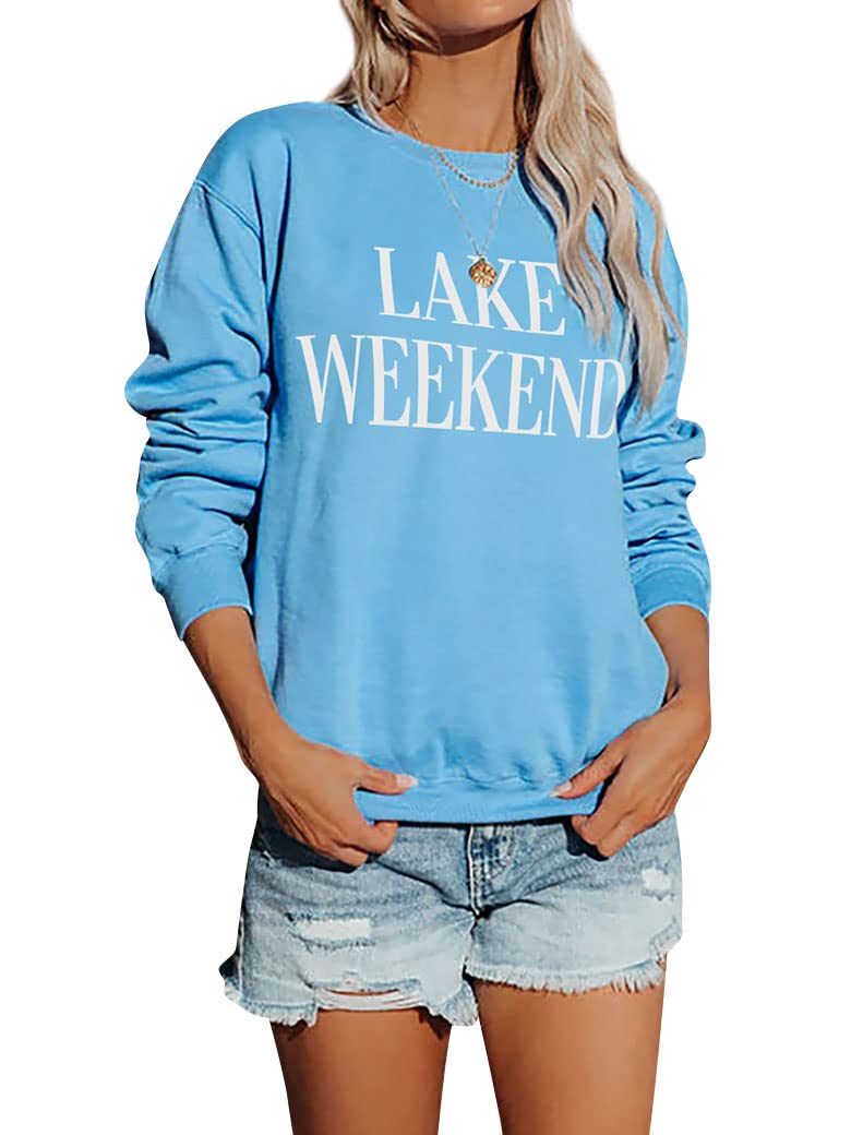 StarVnc Women Crewneck Sweatshirts Long Sleeve LAKE WEEKEND Letter Print Pullover Sweatshirts Leisure Tops