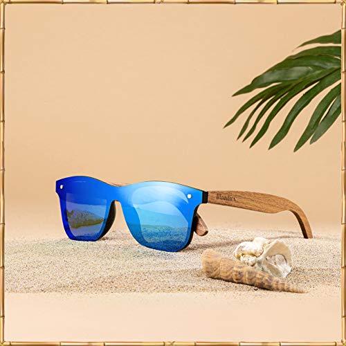 WOODIES Polarized Walnut Wood Flat Mirror Sunglasses for Men and Women | Blue Polarized Lenses and Real Wooden Frame | 100% UVA/UVB Ray Protection