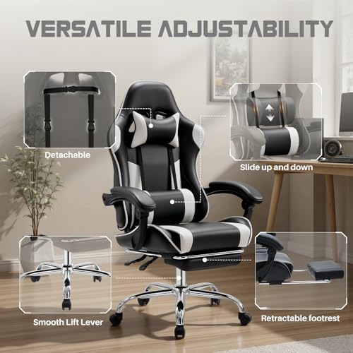Image of DUMOS Ergonomic Gaming Office Desk Chair with Footrest and Headrest, PU Leather Video Computer Chair with Linkage Armrests, Height Adjustable 360 Swivel Recling, Black White