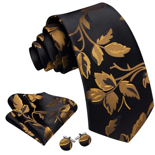 Image of Barry.Wang Flower Ties for Men Silk Woven Floral Tie Sets Necktie Handkerchief Cufflinks Wedding Party