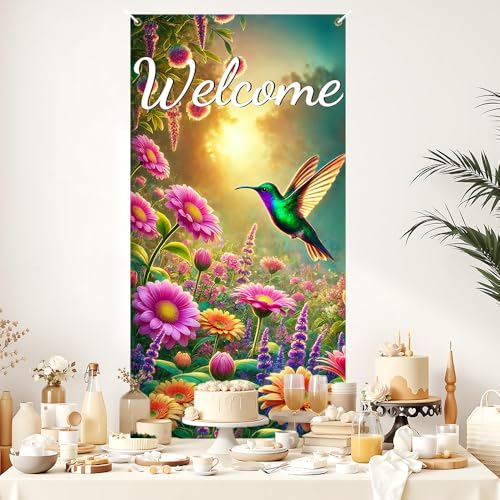 Image of Welcome Hummingbird Door Cover 35x71in Floral Garden