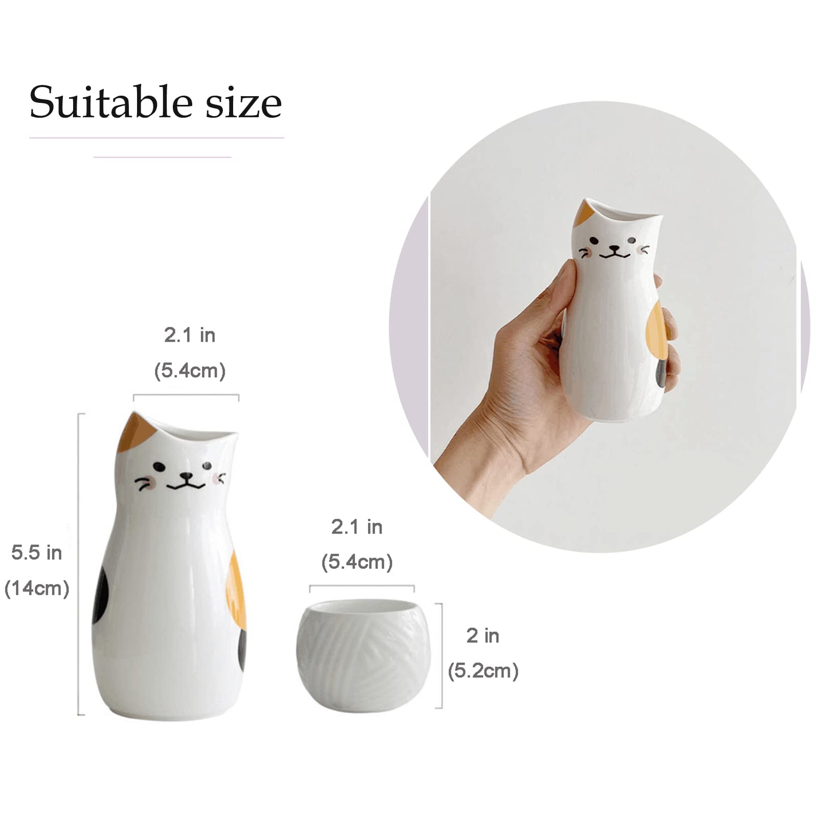 Juego de tazas de sake de cerámica japonesa para gatos de calicó y 2 tazas, juego de regalo de 3 piezas