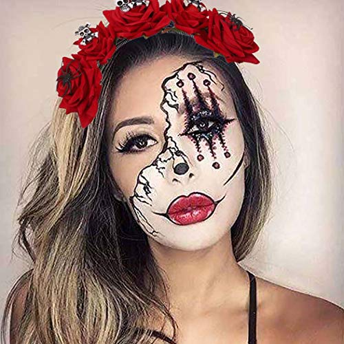 Woeoe Halloween Skull Headband Day Of The Dead Costume Flower Crown Red Rose Floral Spider Headpiece Accessory For Women And Girls #TOP5