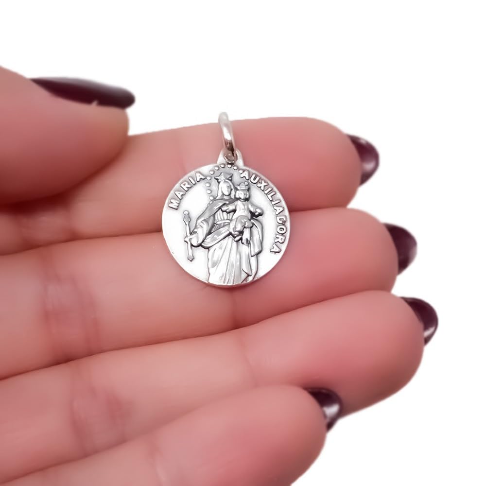 Virgen María Auxiliadora Medalla Plata Ley 925m maciza 17mm. detalles tallados