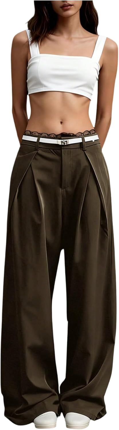 GORGLITTER Women's Pleated Wide Leg Dress Pants Low Rise Lace Trim Slacks Formal Business Casual Office Trousers