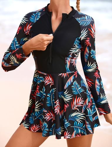 IBAKOM Women Long Sleeve Swimdress with Shorts 2-Piece Rash Guard Set UPF 50+ Zip Up Surf Swimsuit with Tropical Leaf Print3