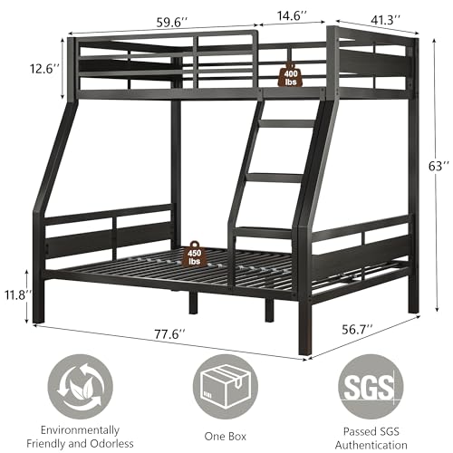 Image of iPormis Metal Bunk Bed Twin Over Full, Heavy Duty Bunk with High Guardrail and Safety Entrance Design, Under-Bed Storage Space, Easy Assembly, Noise Free, Black