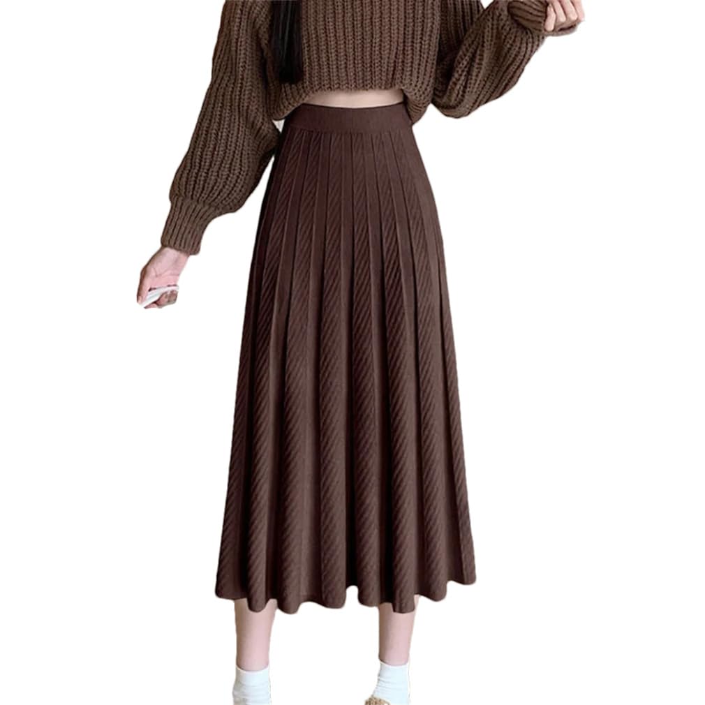 HXZASFG Falda Larga de Punto de Color Liso Elegante para Mujer, Falda Tipo suéter de Cintura Alta Gruesa de Invierno, Faldas Plisadas de Corte a para Mujer