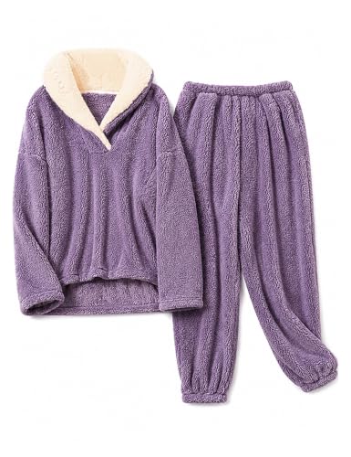Image of Mens Fluffy Coral Fleece Pajamas Set Pullover Pants Loose Plush Warm Loungewear Sleepwear