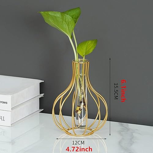 Miniatura 9 de Jarrones de escritorio para plantas con tubo de ensayo, florero de cristal con soporte de metal dorado, estación de propagación, soporte para