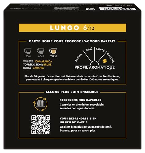 Carte Noire, Espresso Lungo - Cápsulas de aluminio compatibles con Nespresso, 1 paquete de 60 cápsulas, 100% Arábica, tostado y nuez, intensidad 8/10, textura rica