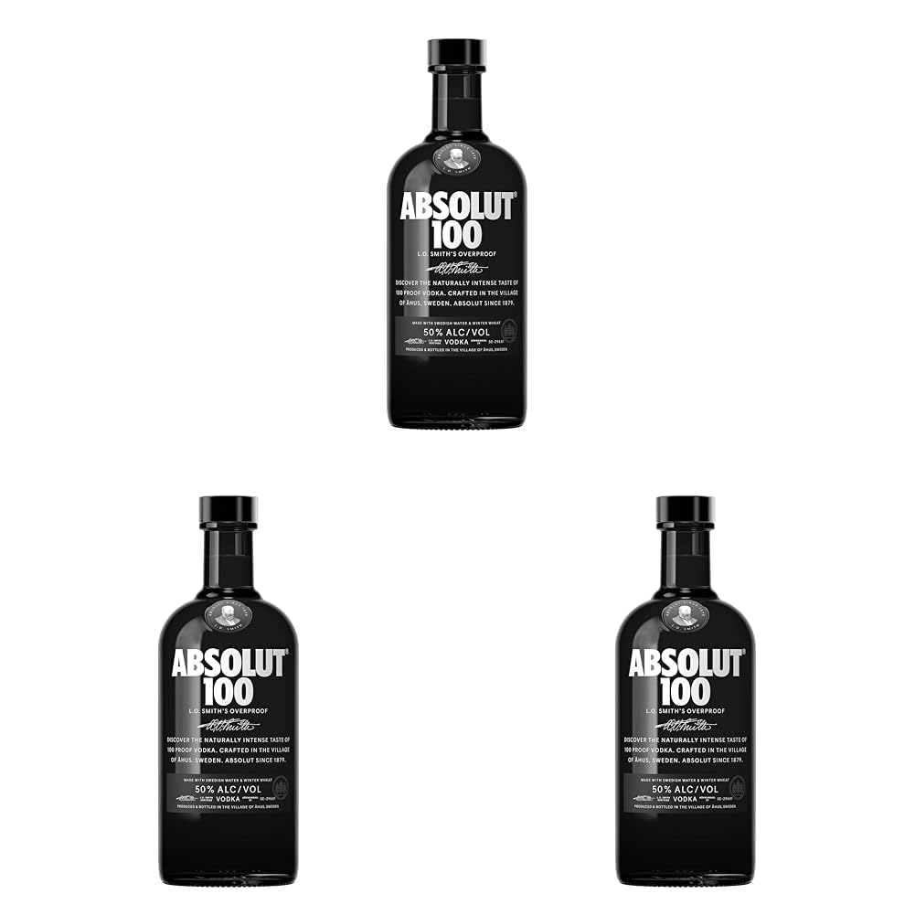 Absolut Vodka 100 – Edel-Vodka in eleganter, schwarzer Flasche – Luxuriöses Genusserlebnis – 1 x 0,7 l (Packung mit 3)