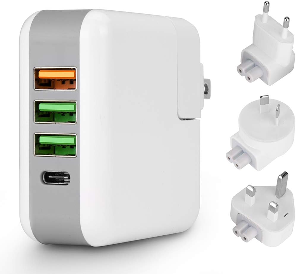 Tongesil USB C PD Wall Charger, Quick Charge 3.0 25W Travel Charging Station with Replaceable US/UK/EU/AU Plug, Multi 4-Port International Power Adapter for iPhone, Android, and More (White)