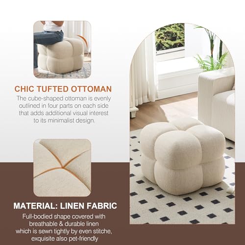 Image of Zesthouse Square Pouf Ottomans Set of 2, Modern Backless Vanity Chair for Bedroom, Beige Linen Foot Rest for Couch, Upholstered Tufted Footstool, Poofy Fabric Ottoman Coffee Table for Living Room