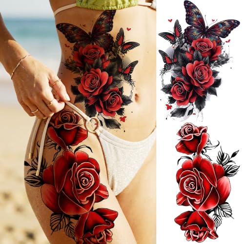 Image of 4 Sheets Large 3D Rose Temporary Tattoos For Women Hips Buttock Thigh Adults Body Art Back Tattoo Sticker, Long Lasting Realistic Waterproof Watercolor Butterfly Flowers Fake Rose Tattoos Shoulder