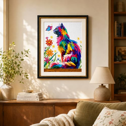 Image of Zhenqing Playful Cat & Butterfly Cross Stitch Kit for Beginners - 11CT Printed 30x40cm Aida Cloth, Colorful Threads & Needle Included (No Hoop /Scissors) (66988)