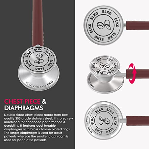 Image of ELKO EL-060 CARDIO III SS Stainless Steel Acoustic Stethoscope | Two-Way PVC Tubing | Double Sided Chestpiece For Adult & Pediatric Patient | Doctors & Medical Students (Brown)