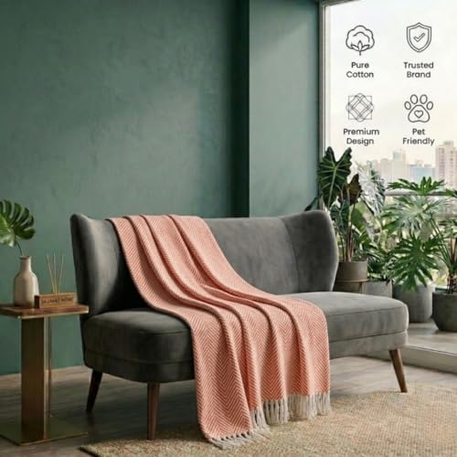 Image of SAJAVAT HOME Hand-Knitted Cotton Sofa Throw | Light Red Tassel Design for 3 & 5 Seater Sofa, Couch & Bed | Soft Lightweight All-Season Throw Blanket | 80x52 Inches