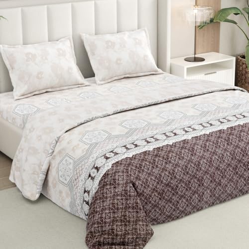 Image of Rivermoor 144 TC Cotton Bedsheet for Queen Double Bed with 2 Pillow Covers | Flat Bedsheets | White Floral Pattern | 90 x 100 Inches