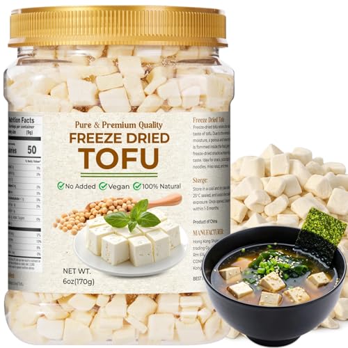 6oz Freeze Dried Tofu Cubes Delicious Dehydrated Tofu Ready to Eat Non-GMO Resealable Can Instant Vegan Food for Ramen Toppings Miso Soup Hiking & Emergency Keto Meals