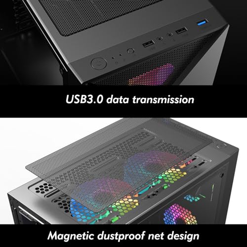 Gabinete Mid Tower con panel lateral transparente negro, compatible con E-ATX/ATX/M-ATX/ITX, 5 ventiladores, compatible con refrigeración líquida, adecuado para uso en oficina y hogar miniatura 6
