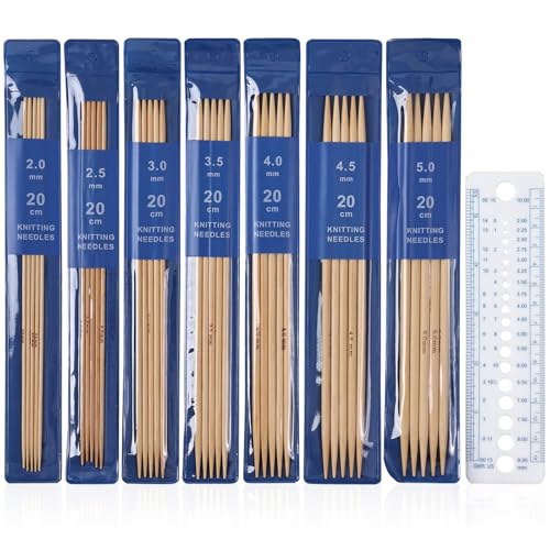 TAHULIK 35 Pcs Bamboo Double Pointed Knitting Needles Set 7 Sizes 2/2.5/3/3.5/4/4.5/5mm Knitting Needles and 1Ruler for Sweater Socks
