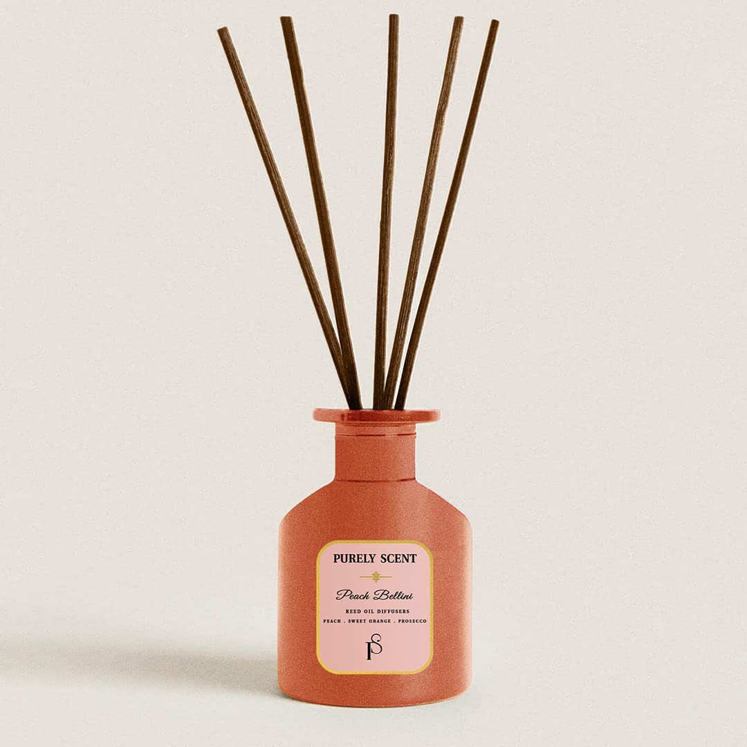 Peach Bellini Reed Diffuser, 6.7 Fl Oz/200 ML, 6 Reed Sticks, Aromatherapy, Fragrance Reed Diffuser Set, Lasts Upto 3 Months Perfect for Bath Yoga Home Party Decor Festival Gifts