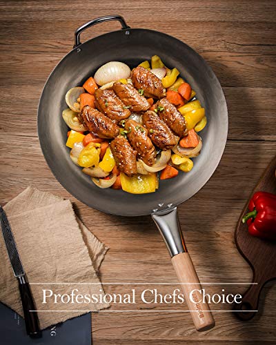 Bielmeier 13.4 Inch Traditional Carbon Steel Pow Wok, Hand Hammered Woks And Stir Fry Pans, Flat Bottom Wok Pan With Wooden And Steel Helper Handle #TOP6