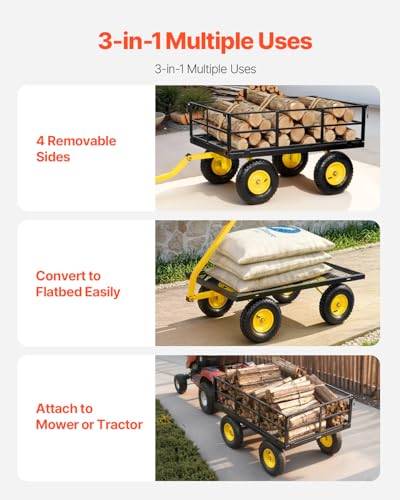 Image of VEVOR Steel Garden Cart, 1200 lbs Heavy Duty Pullable Garden Wagon Yard Cart, 2 in 1 Outdoor Metal Utility Wagon Yard Trailer with 13 inch All Terrain Tires, Mesh Detachable Sides and 180 Rotating Handle