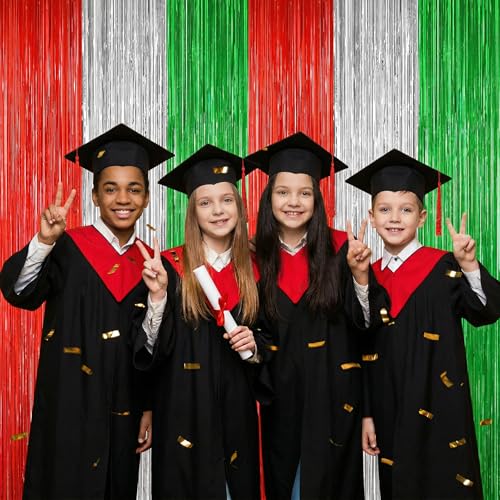 Image of 2 Pack Christmas Backdrop, Red Silver Green Party Streamer, Metallic Xmas Backdrop Fringe Curtains Foil Tinsel, Christmas Decorations Wall Decor Streamers Photo Booth Props